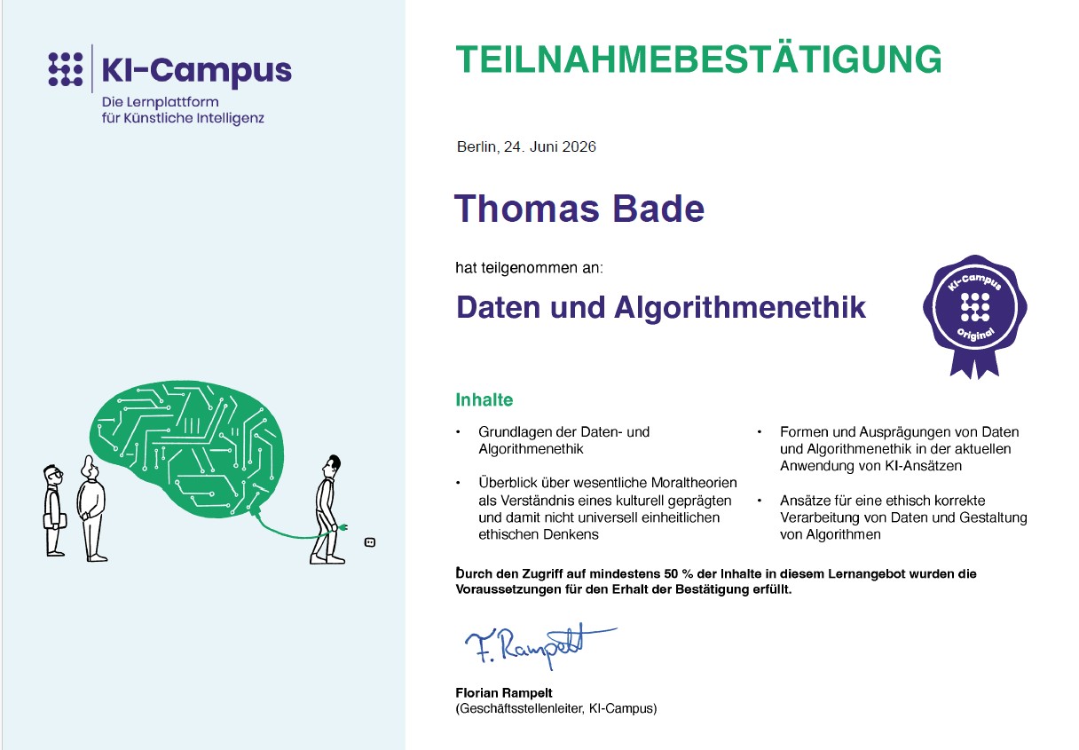 Teilnahmebestätigung Daten und Algorithmenethik – KI-Campus, Juni 2026